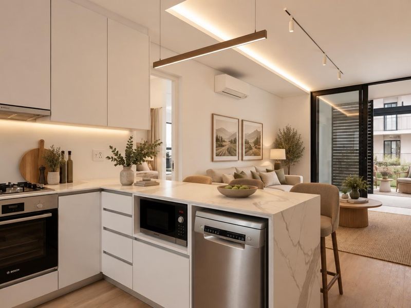 Modern open-plan kitchen and living area featuring sleek white cabinetry, stone countertops, integrated appliances, and seamless access to a private balcony.