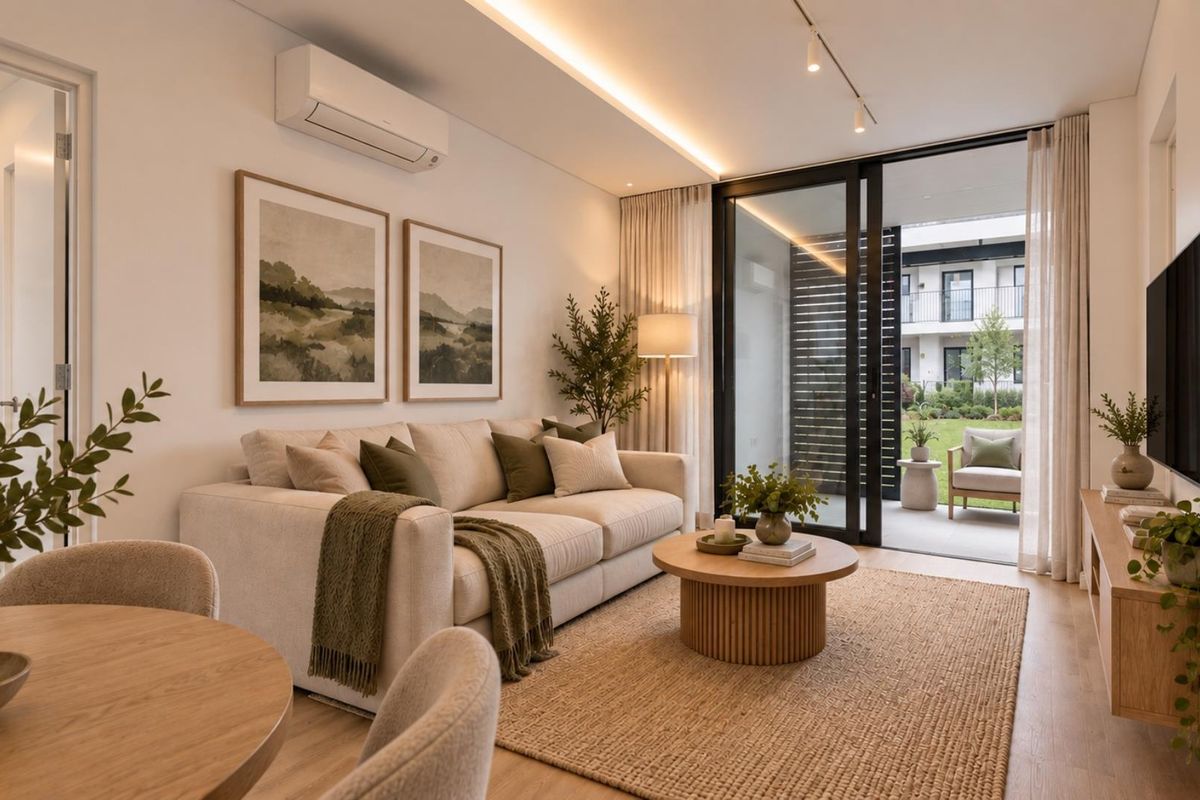A modern, well-lit living room featuring timber flooring, recessed ceiling lighting, and large sliding glass doors that open onto a private patio area.