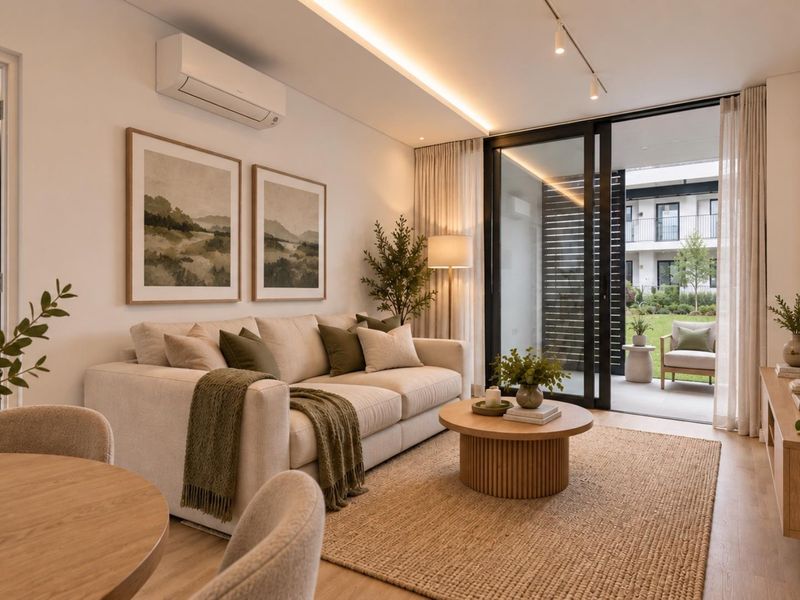 A modern, well-lit living room featuring timber flooring, recessed ceiling lighting, and large sliding glass doors that open onto a private patio area.