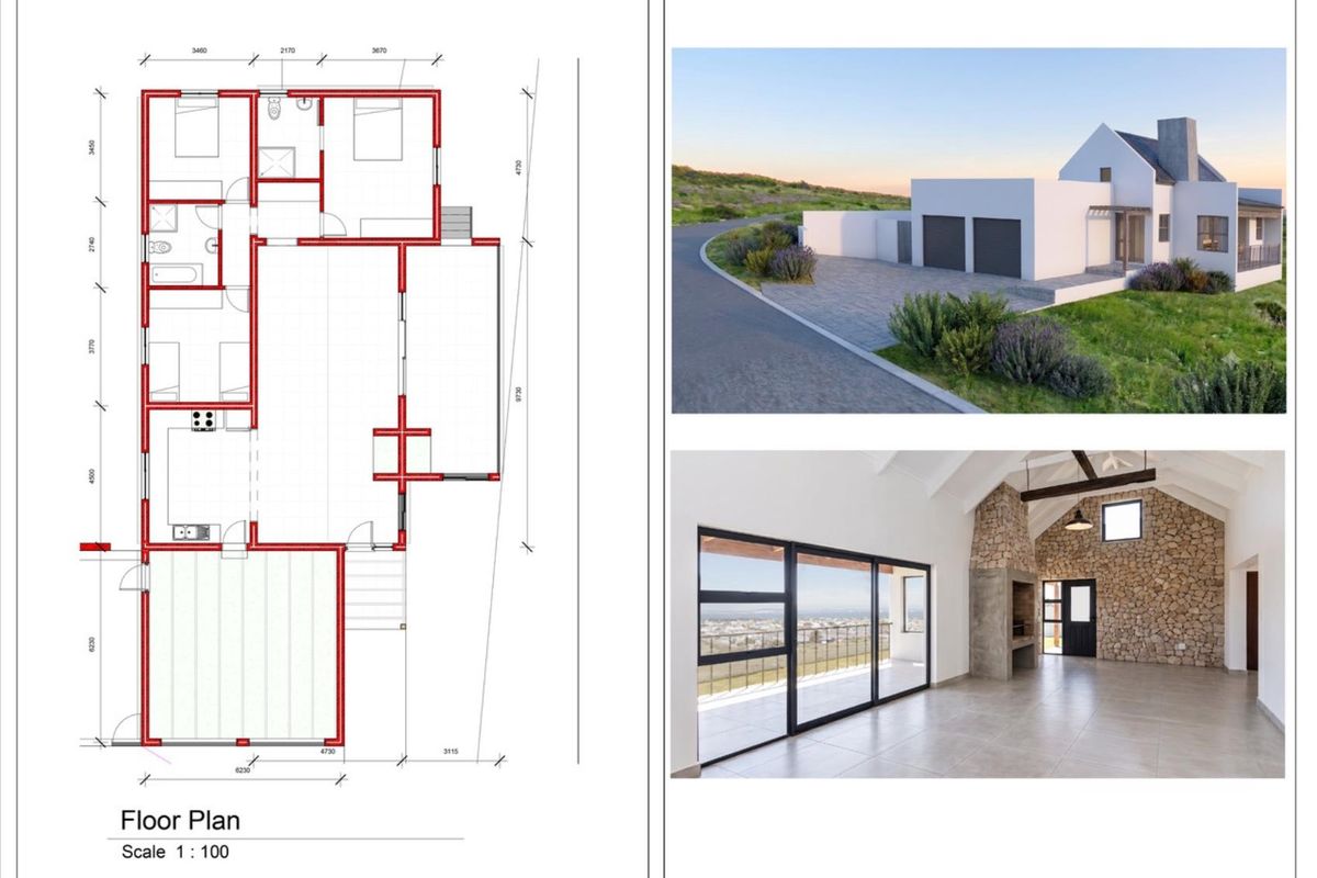 A composite image featuring a residential floor plan alongside architectural renderings of the exterior facade and a spacious open-plan interior living area.