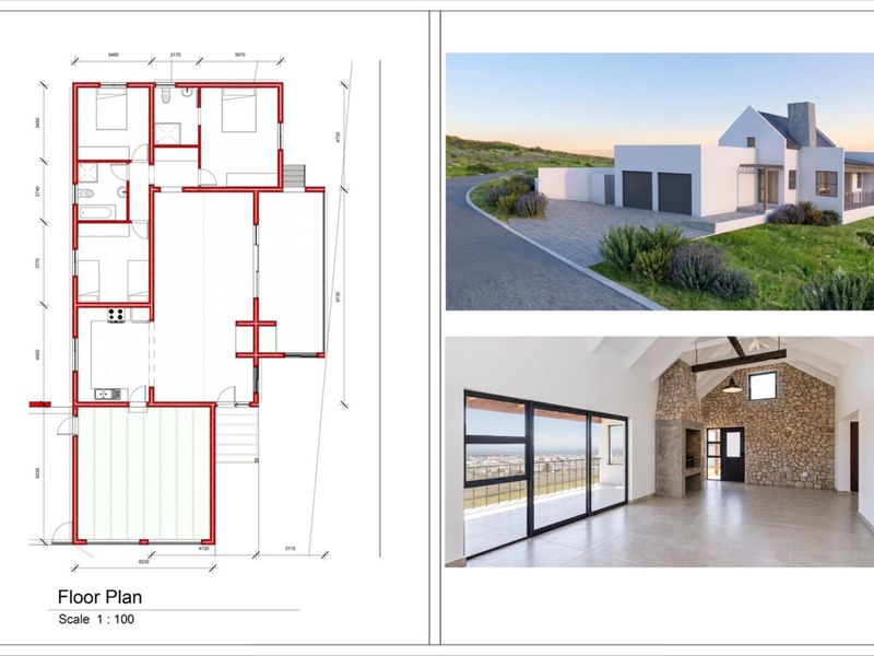 A composite image featuring a residential floor plan alongside architectural renderings of the exterior facade and a spacious open-plan interior living area.
