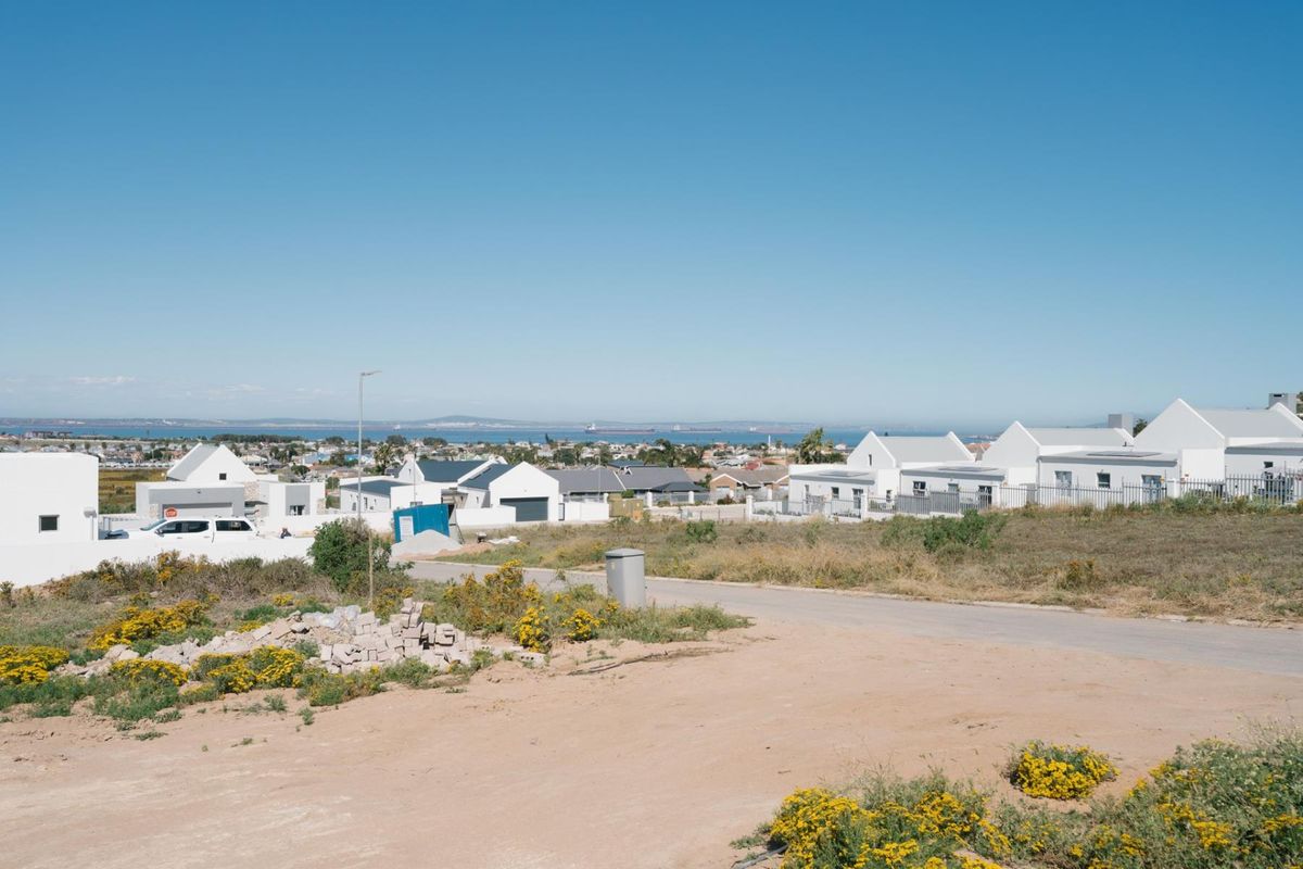 A wide-angle view of a residential neighborhood and distant coastline from a vacant plot of land.