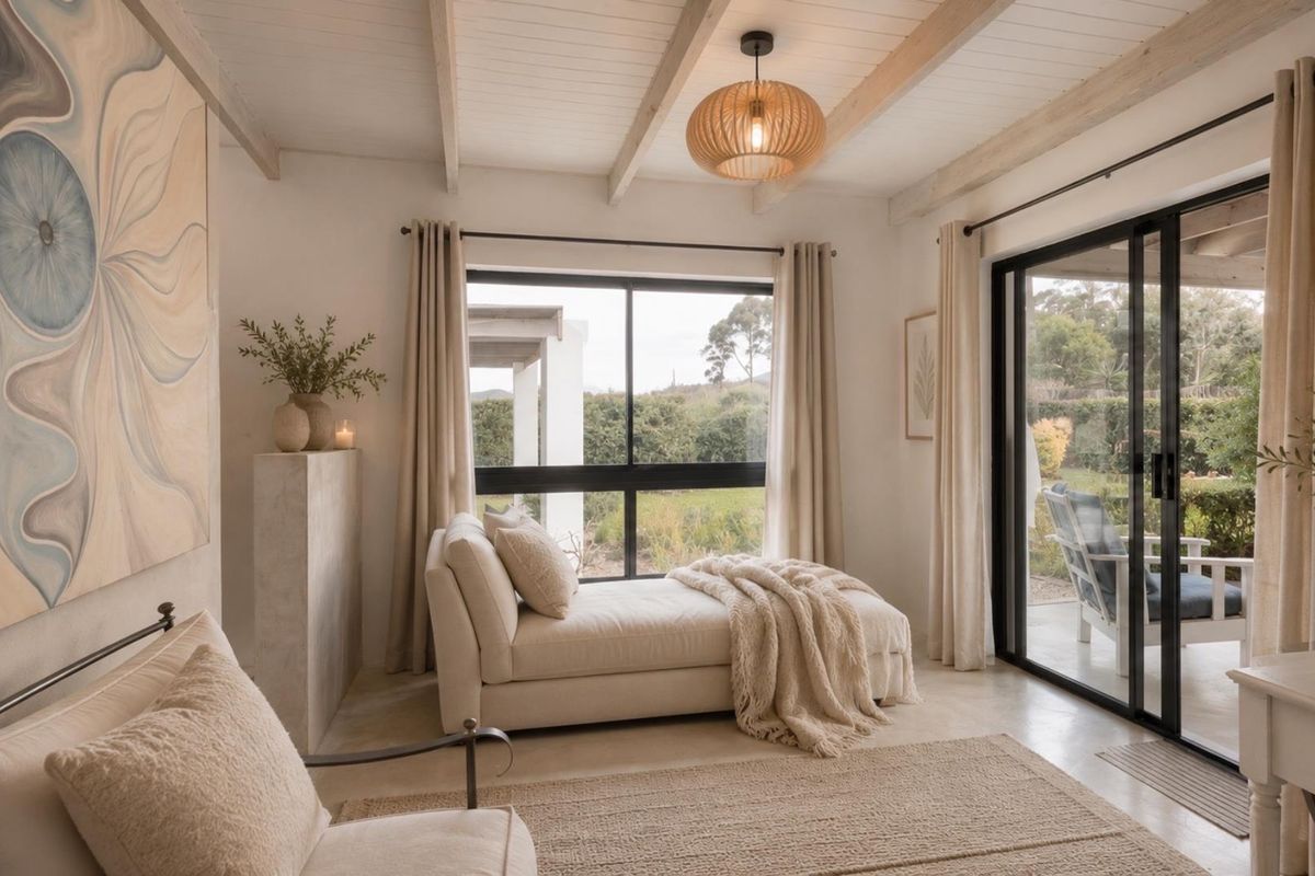 A bright, airy living space featuring exposed timber ceiling beams, polished concrete floors, and large sliding glass doors opening to a garden patio.