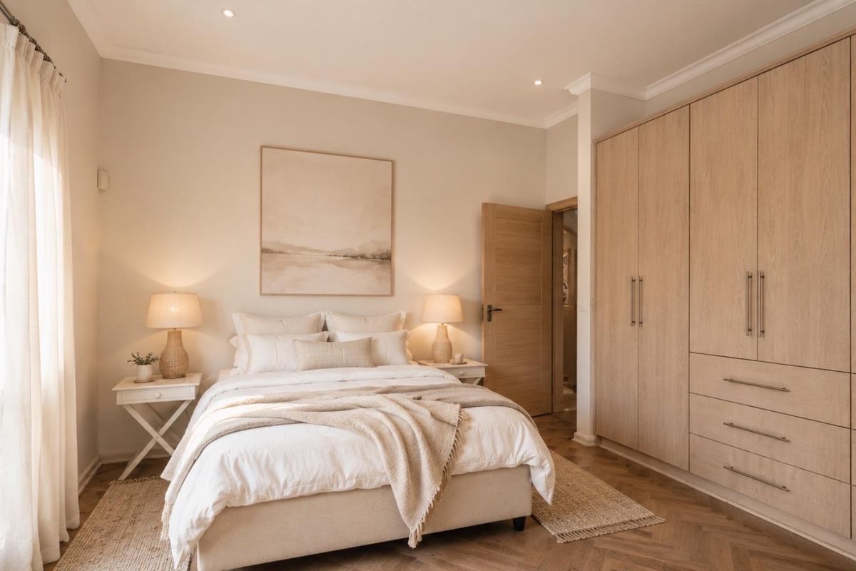 A well-appointed bedroom featuring light wood built-in cupboards, elegant herringbone timber flooring, and recessed downlighting, creating a warm and inviting atmosphere.