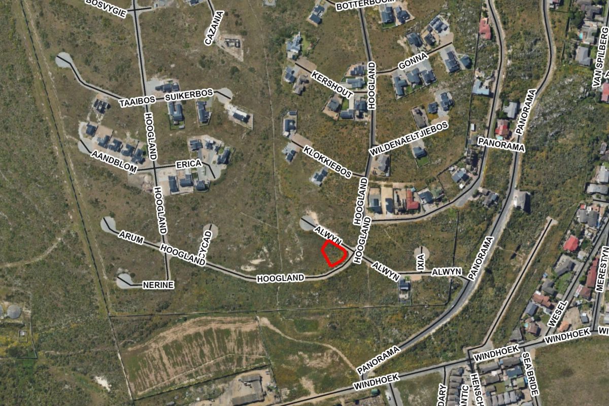 Aerial view of a vacant residential land plot located at the corner of Hoogland and Alwyn streets in a developed residential area.