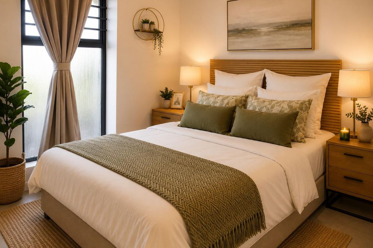 A well-appointed bedroom featuring a modern slatted timber headboard and a large black-framed window providing natural light.