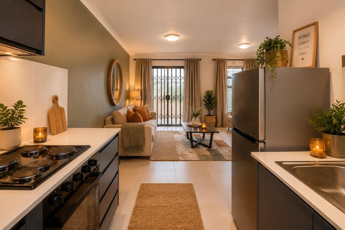Modern open-plan kitchen and living area featuring sleek cabinetry, built-in appliances, tiled floors, and direct access to an outdoor space through a security gate.