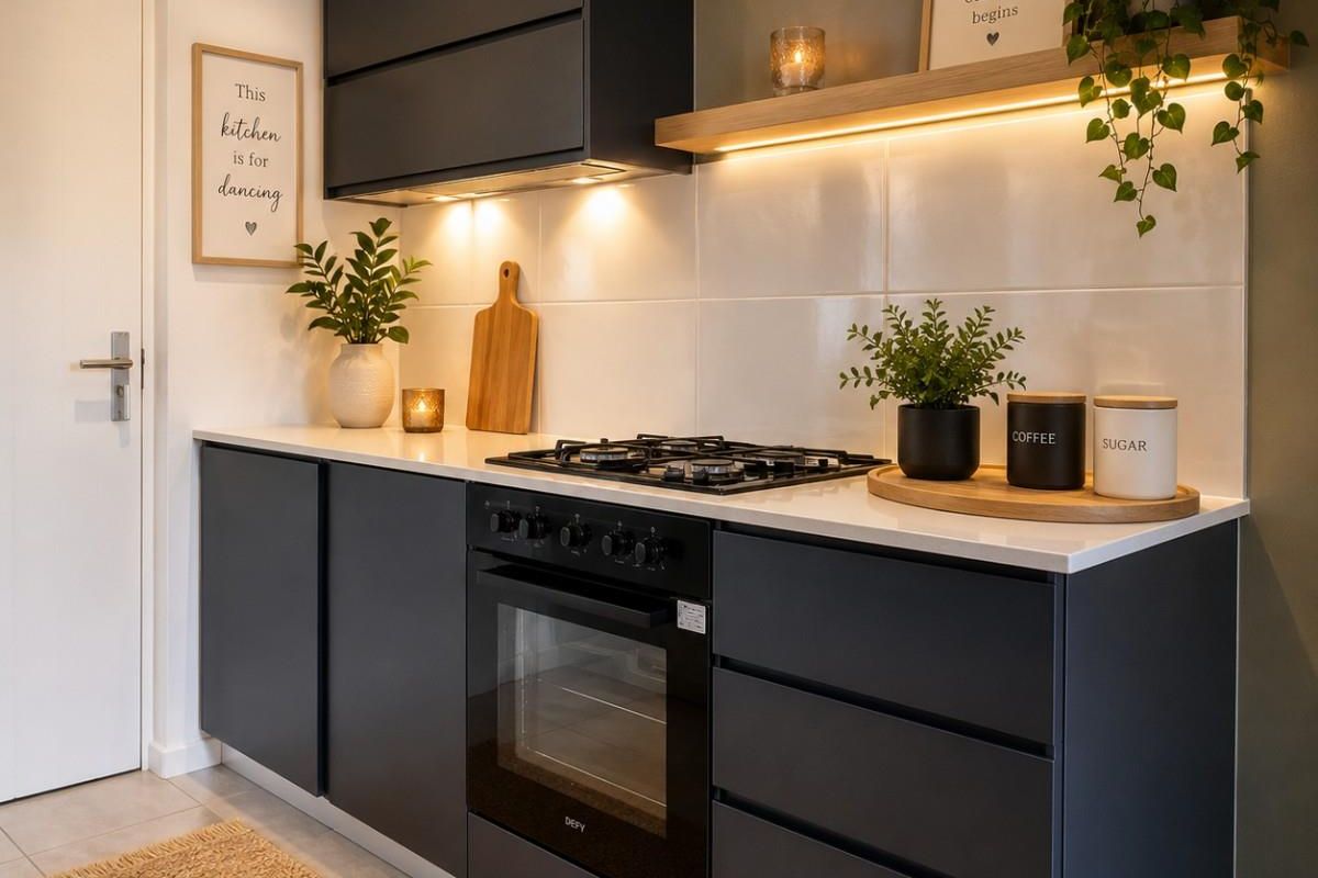 Modern kitchen featuring dark matte cabinetry, stone countertops, a gas hob, built-in oven, and integrated under-cabinet lighting.