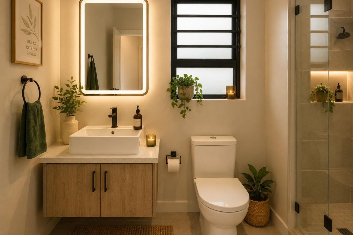 Modern bathroom featuring a floating vanity with vessel sink, backlit mirror, toilet, and a glass-enclosed shower with integrated lighting.