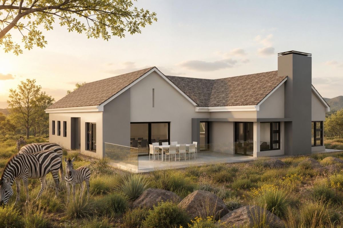 A modern rear elevation featuring a paved patio, glass balustrade, and a prominent chimney, set within a natural landscape.