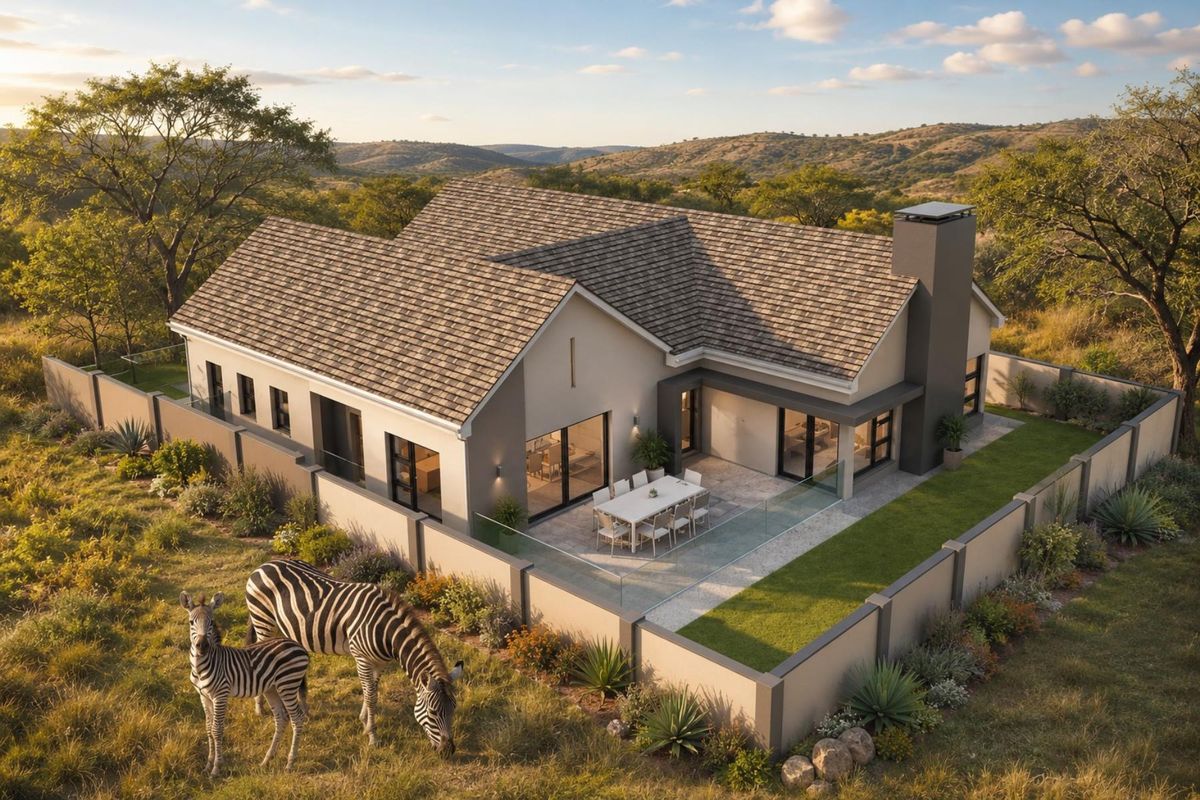 Aerial view of a modern residential property featuring a tiled roof, chimney, and a paved patio area enclosed by a glass balustrade and boundary wall.
