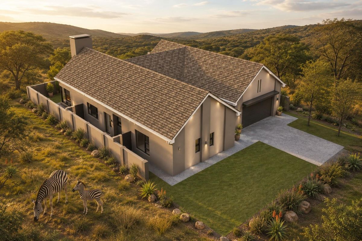 Aerial view of a modern single-story house with a tiled roof, chimney, and paved driveway, set in a natural landscape.