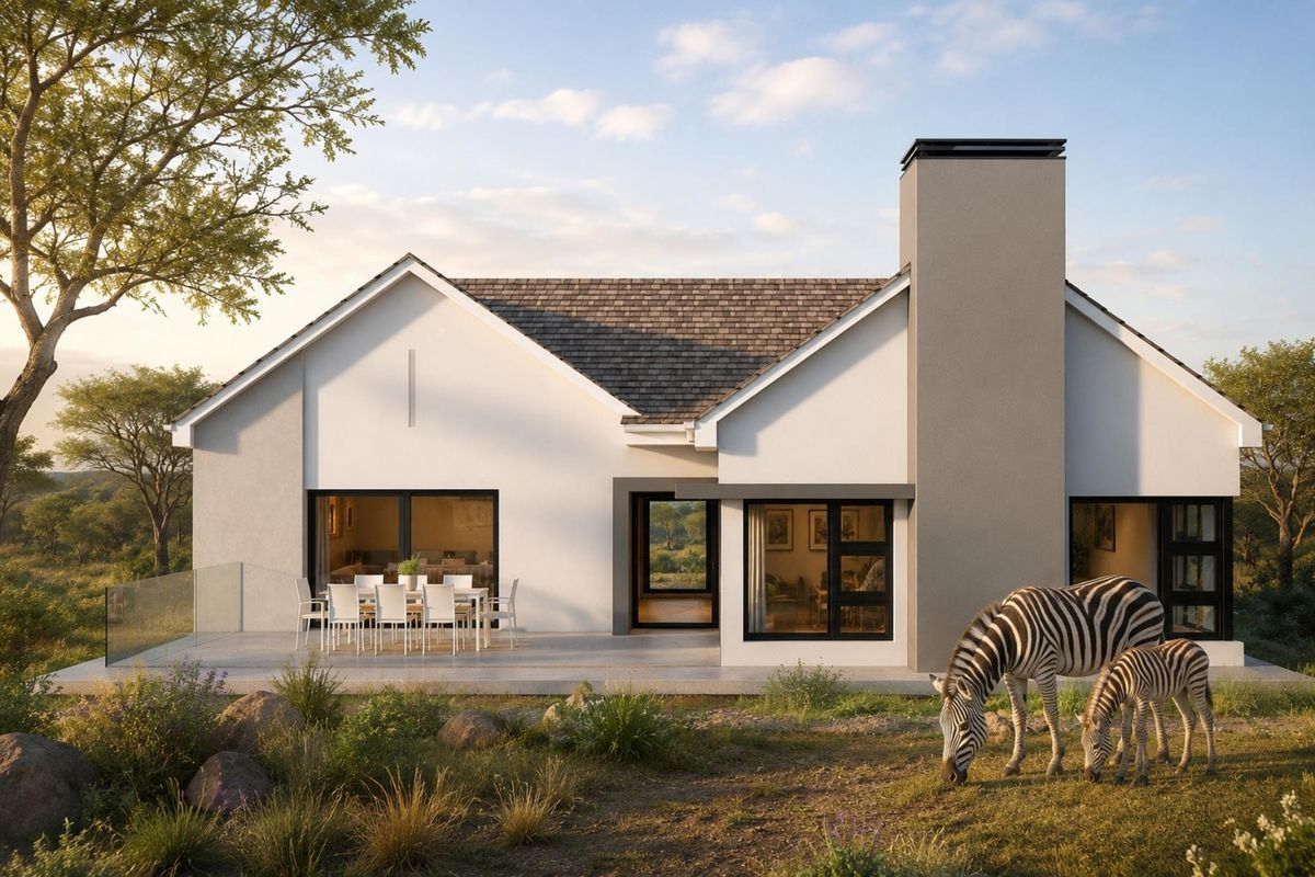 A modern rear elevation featuring a spacious concrete patio, large sliding glass doors, and a prominent chimney, set against a natural landscape.