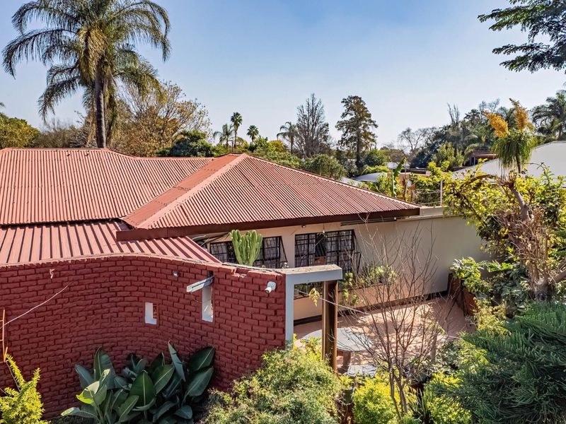 Aerial view of the property showing the corrugated metal roof, exposed brick feature wall, and a paved outdoor patio area surrounded by mature garden.