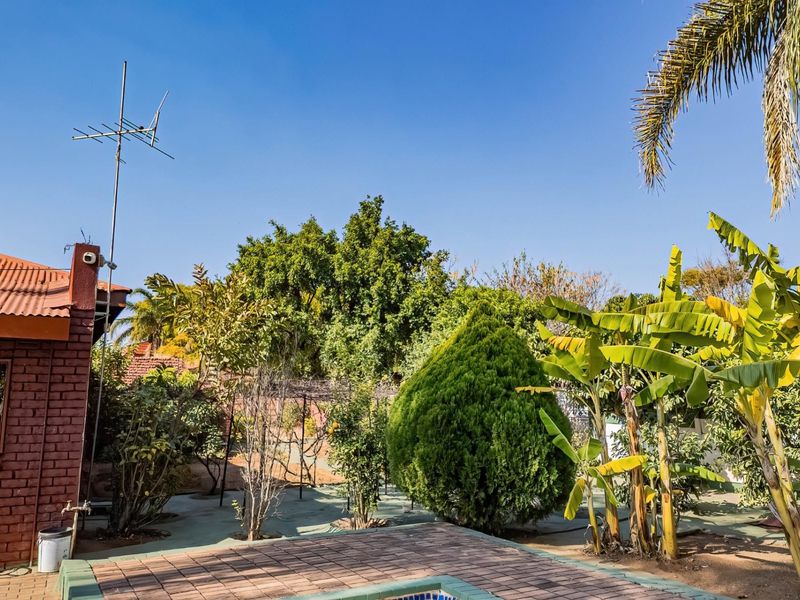 A view of the rear garden featuring established trees, banana plants, and a paved patio area adjacent to the brick-built house.