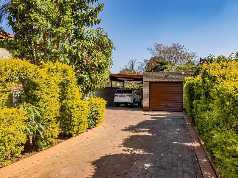 A paved driveway leading to a single garage and carport, framed by established garden hedges and mature trees.
