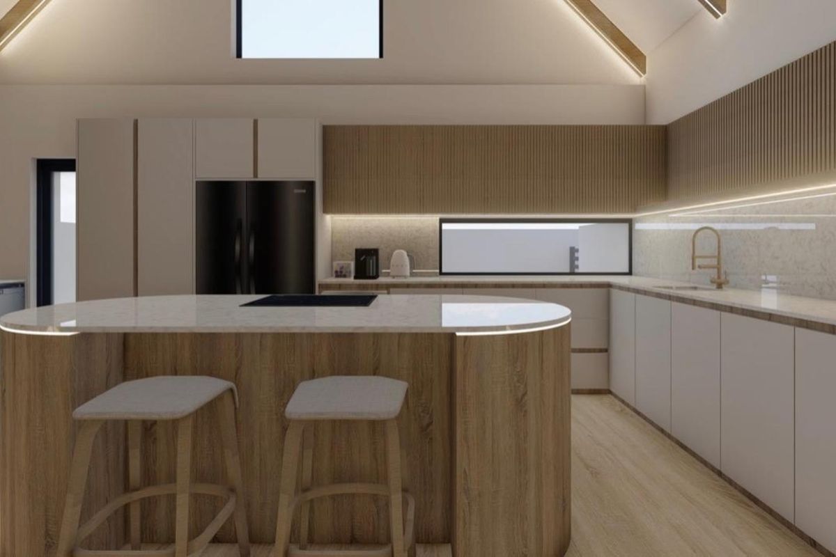 Modern kitchen featuring a curved island, stone countertops, integrated cabinetry, and elegant slatted wood paneling under a high vaulted ceiling.