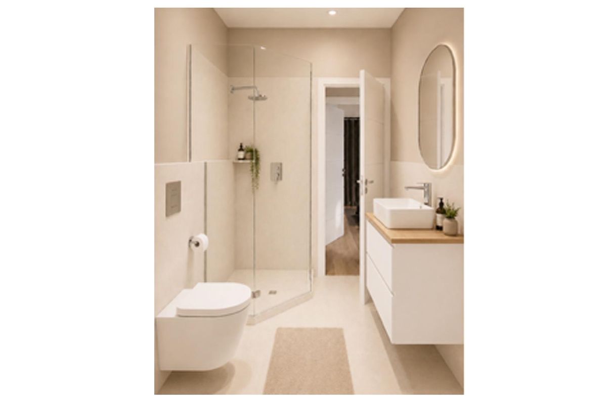 Modern bathroom featuring a wall-hung toilet, glass shower enclosure, and a sleek vanity with a vessel sink and backlit mirror.
