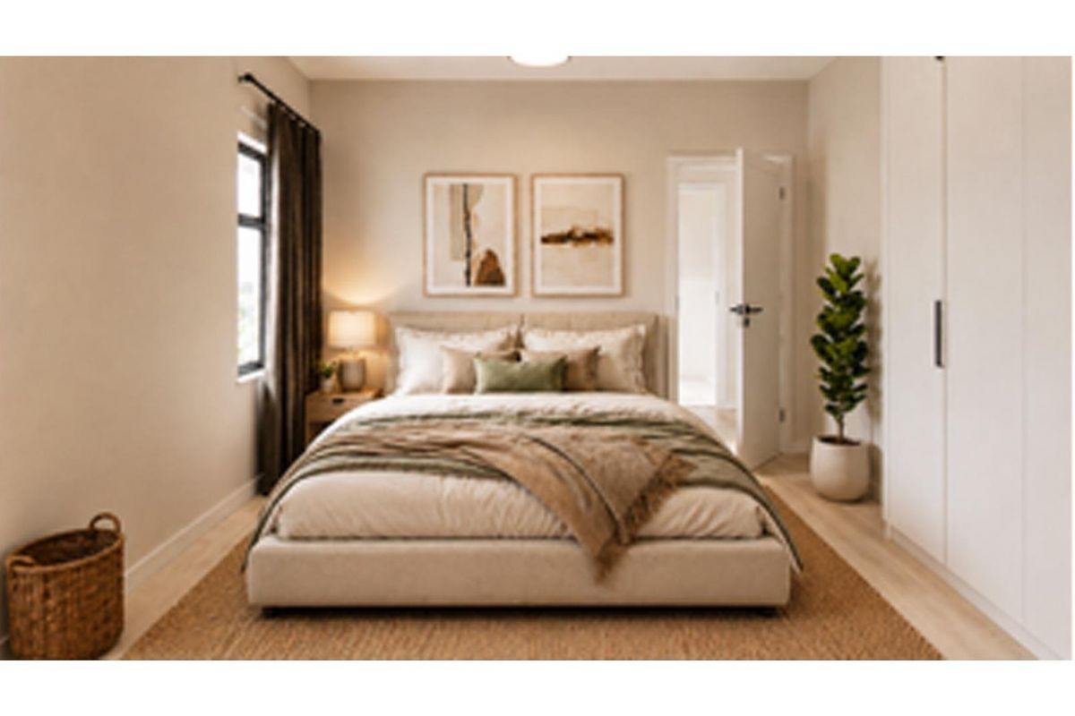 A well-appointed bedroom featuring neutral tones, built-in wardrobe storage, and natural light through a side window.