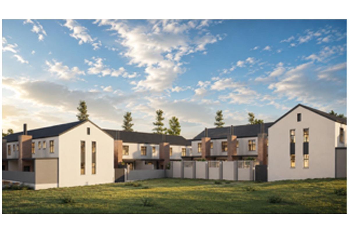 A perspective view of a modern townhouse development featuring pitched roofs, brick and plaster finishes, and secure boundary walls.