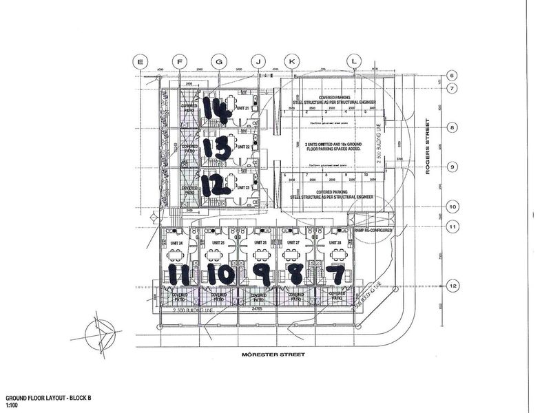 Architectural ground floor layout plan for Block B, detailing unit placements, covered patios, and parking configurations.