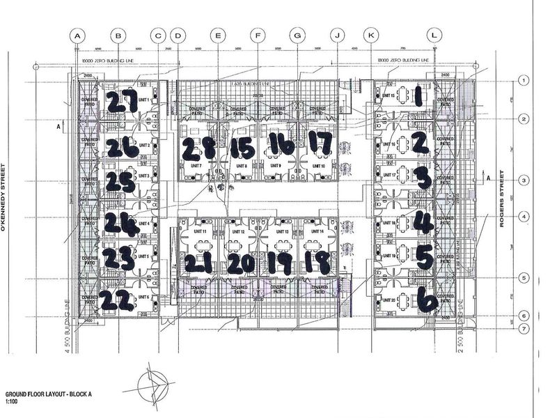 Ground floor architectural layout plan for Block A, detailing the arrangement of multiple townhouse units with their respective covered patios.