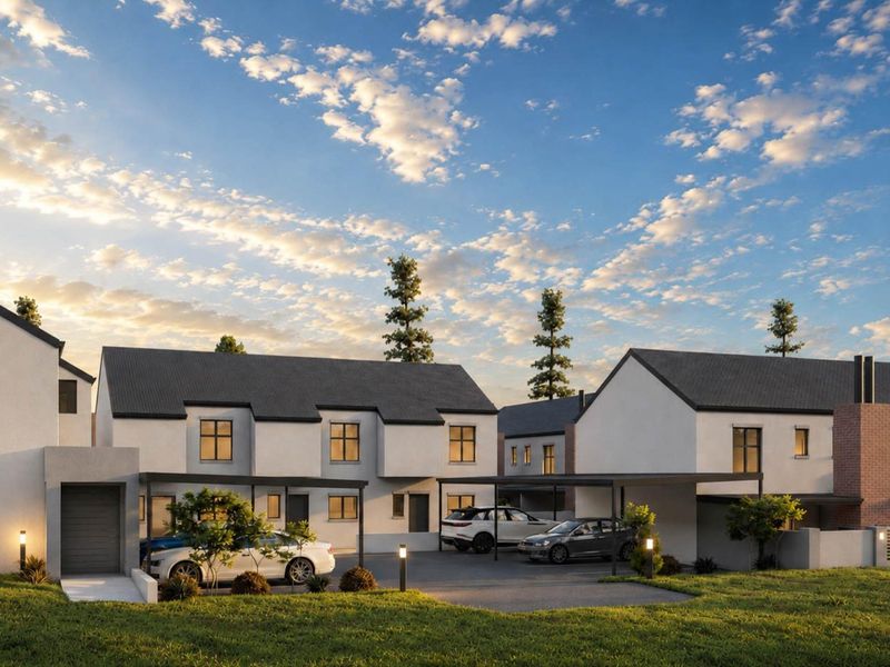 A modern townhouse development featuring clean architectural lines, paved driveways, covered carports, and well-maintained exterior finishes under a bright sky.