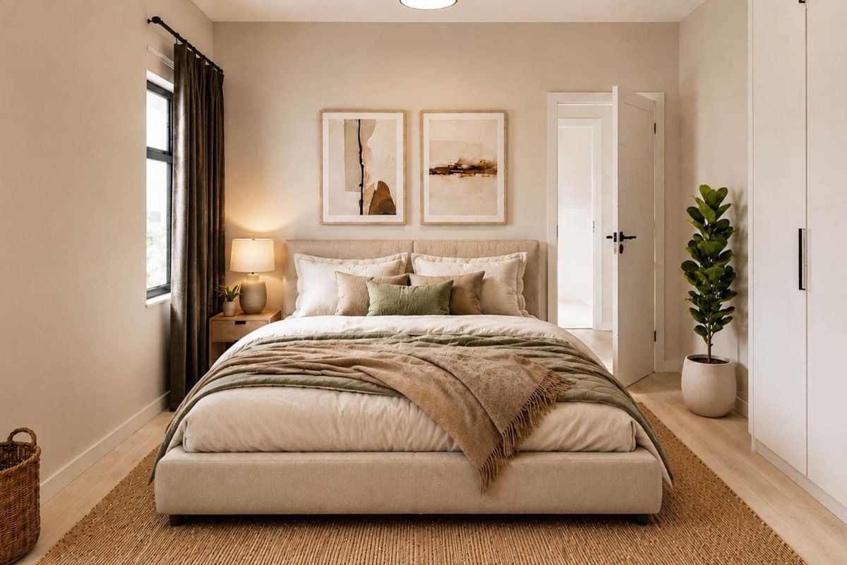 A well-appointed bedroom featuring neutral tones, built-in wardrobe storage, and modern finishes, creating a calm and inviting atmosphere.