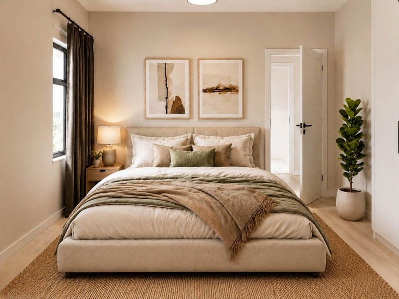 A well-appointed bedroom featuring neutral tones, built-in wardrobe storage, and modern finishes, creating a calm and inviting atmosphere.