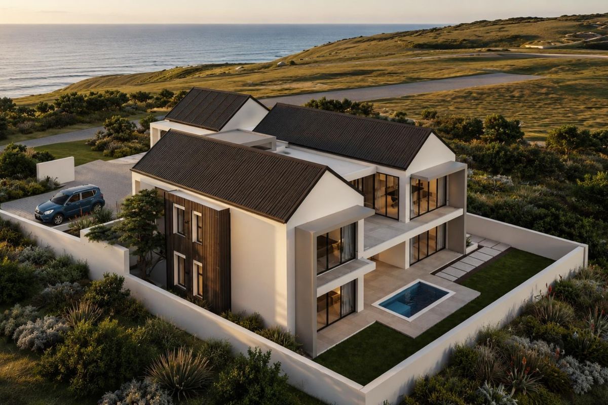 Aerial view of a modern two-story coastal residence featuring a swimming pool, expansive glass facades, and a sleek metal roof.