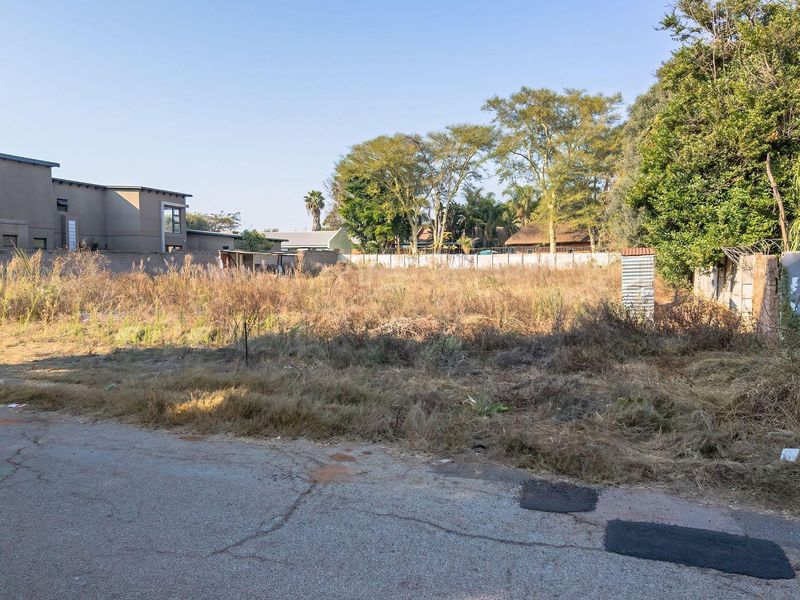 A vacant residential plot featuring overgrown vegetation and perimeter walling, situated along an existing asphalt road.