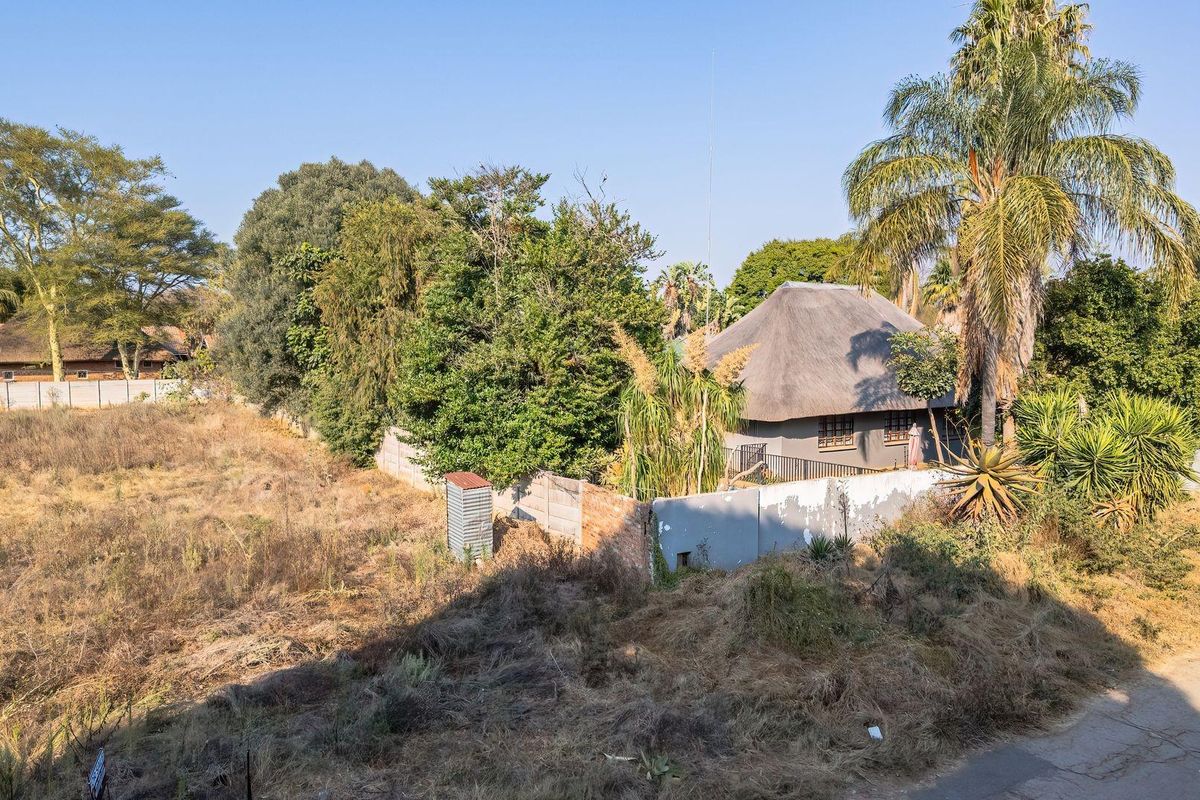 Aerial view of a residential plot featuring a thatch-roofed dwelling, perimeter walling, and significant overgrown vegetation on the vacant land portion.