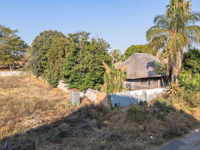 Aerial view of a residential plot featuring a thatch-roofed dwelling, perimeter walling, and significant overgrown vegetation on the vacant land portion.