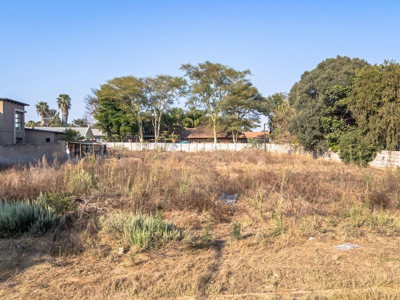 A vacant residential plot featuring perimeter walling and established trees, offering a blank canvas for future development.