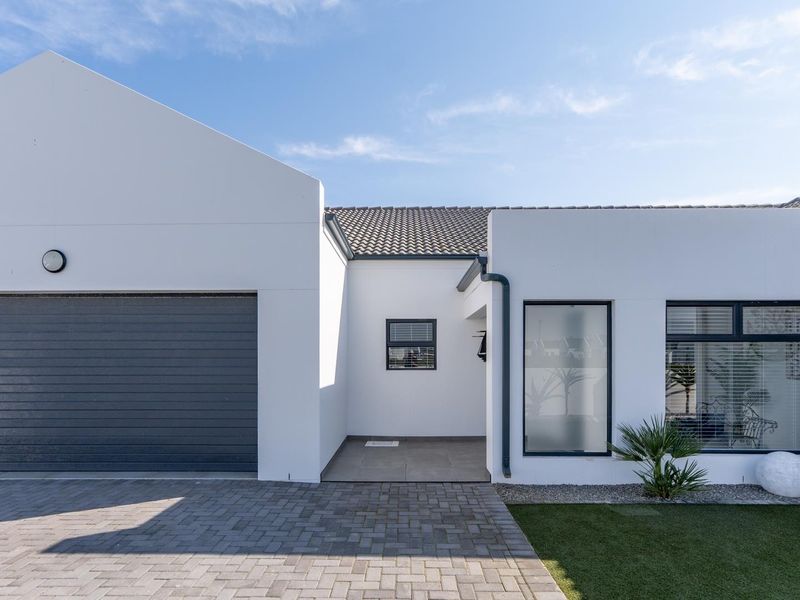Modern front elevation featuring a double garage, paved driveway, clean white facade, and neat synthetic lawn area.