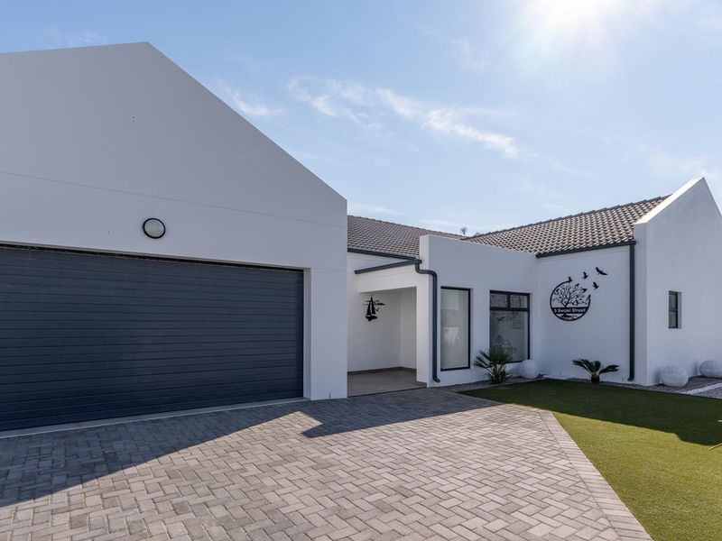 Modern single-story residence featuring a clean white facade, paved driveway, integrated garage, and well-maintained artificial lawn.