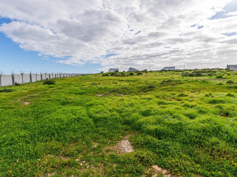 A wide-angle view of a vacant residential plot featuring natural grass coverage and a secure perimeter wall with electric fencing.