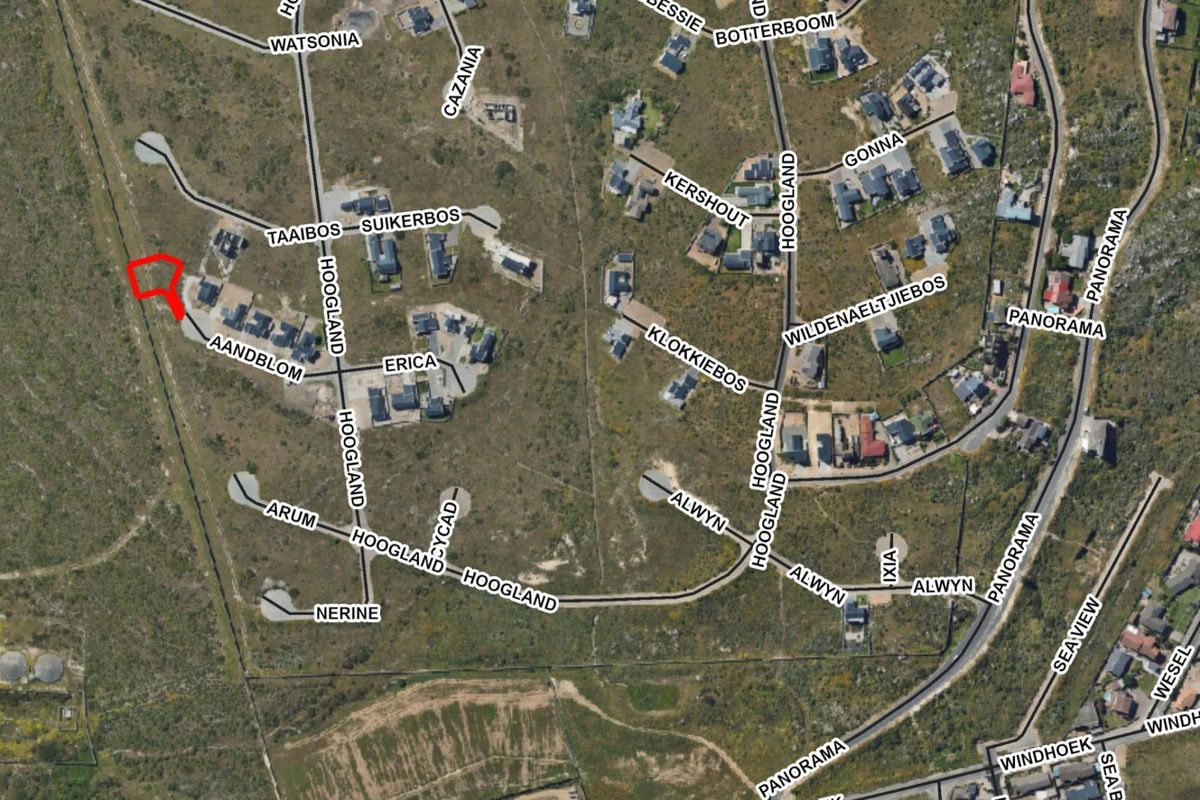 Aerial view of the residential estate showing the location of the vacant land plot highlighted in red.
