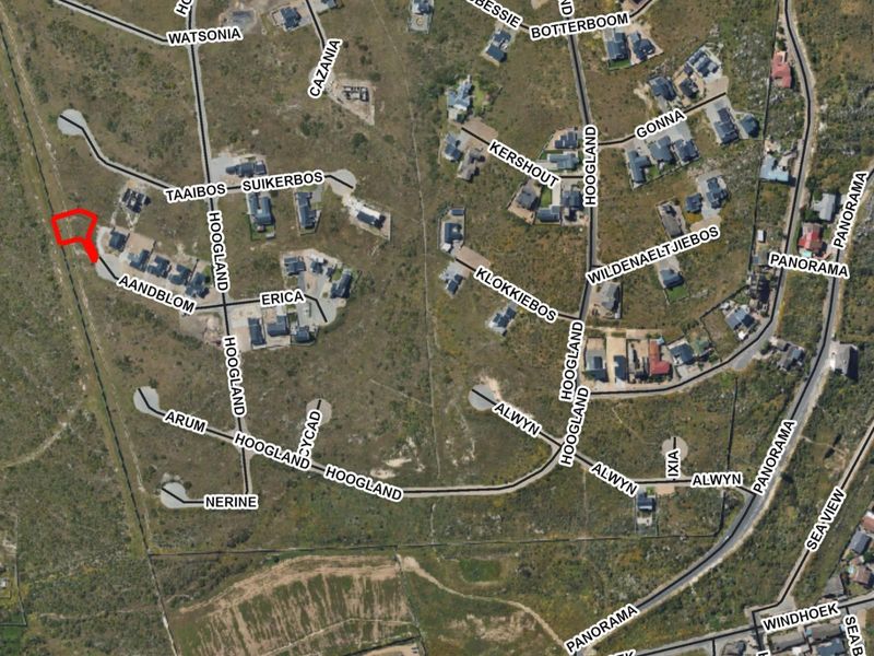 Aerial view of the residential estate showing the location of the vacant land plot highlighted in red.