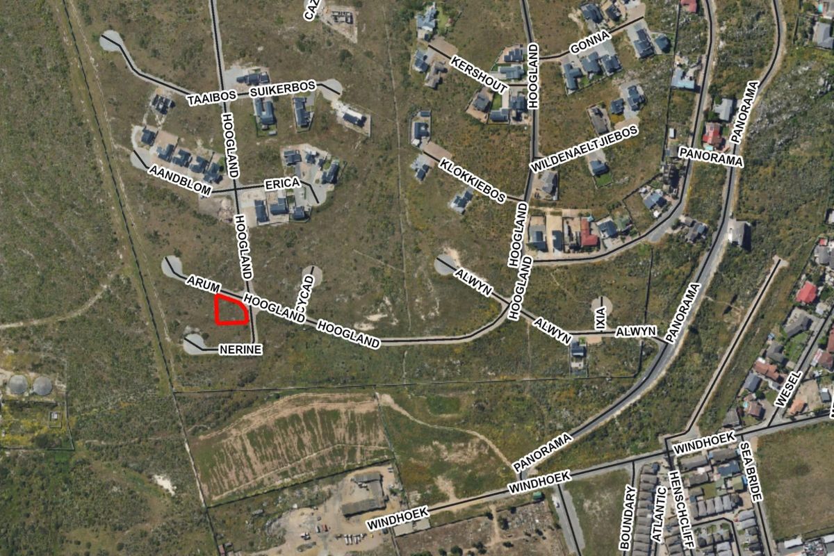 Aerial view of the residential area showing the location of the vacant land plot highlighted in red.