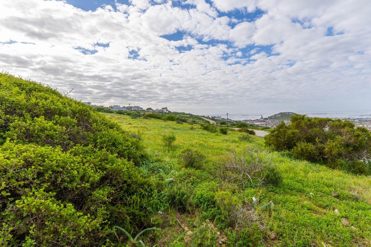 A scenic view overlooking a sloping grassy residential plot with distant coastal and neighborhood vistas under a cloudy sky.
