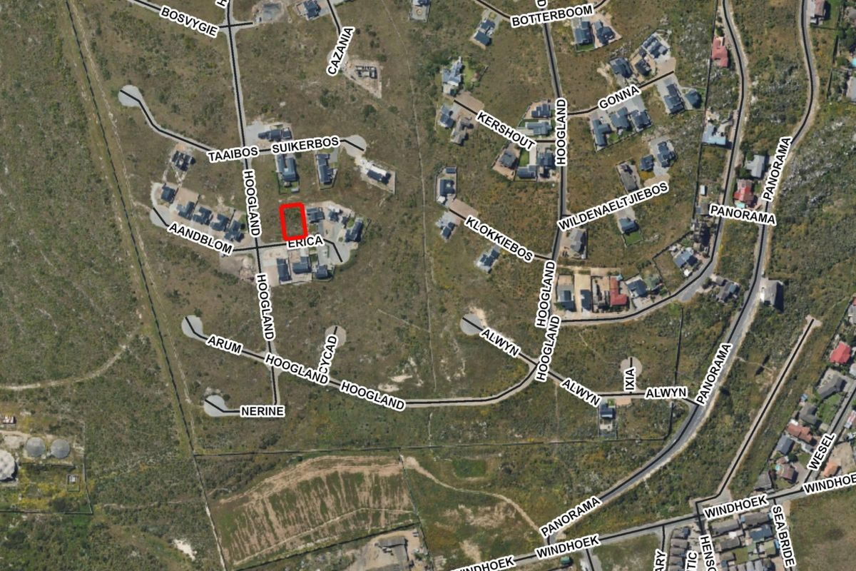 An aerial satellite view of a residential estate showing the location of the vacant land plot highlighted in red.