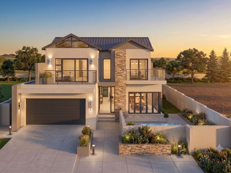 A modern two-story residential home featuring stone cladding, a double garage, upper-level balconies with glass balustrades, and a front plunge pool.