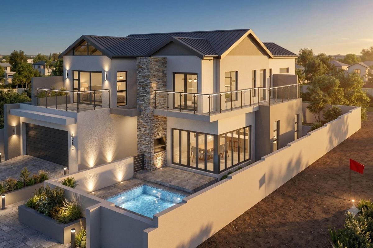 Modern double-story residence featuring a swimming pool, paved patio, built-in braai, and upper-level balconies with glass balustrades.