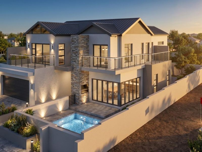 Modern double-story residence featuring a swimming pool, paved patio, built-in braai, and upper-level balconies with glass balustrades.