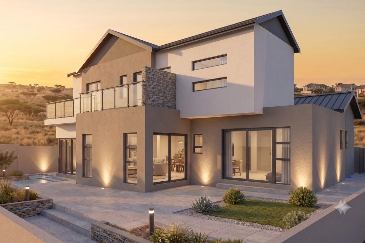 Modern double-story residence featuring a paved patio, swimming pool, stone accents, and expansive sliding doors, set against a scenic landscape.