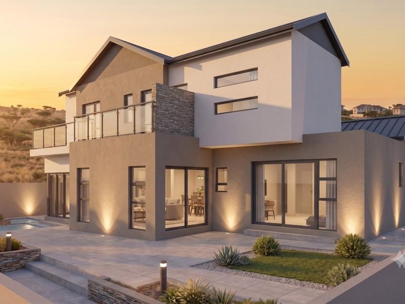 Modern double-story residence featuring a paved patio, swimming pool, stone accents, and expansive sliding doors, set against a scenic landscape.