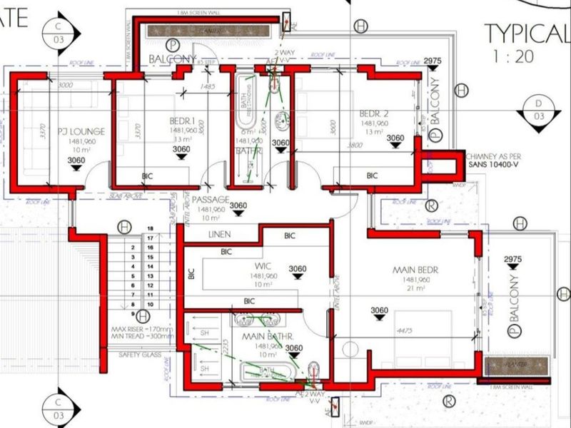 Architectural floor plan detailing the layout of the upper level, including bedrooms, bathrooms, a pajama lounge, and multiple balconies.