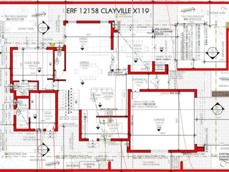 A detailed architectural floor plan for Erf 12158 Clayville X119, showing the layout of the house, garage, and surrounding site features.