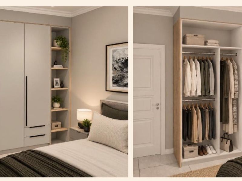 A modern bedroom featuring a custom built-in wardrobe with integrated shelving, hanging space, and drawers, finished in a clean, contemporary style.